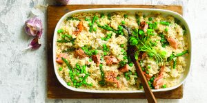 BAKED RISOTTO WITH HOT SMOKED SALMON, PEAS & ASPARAGUS